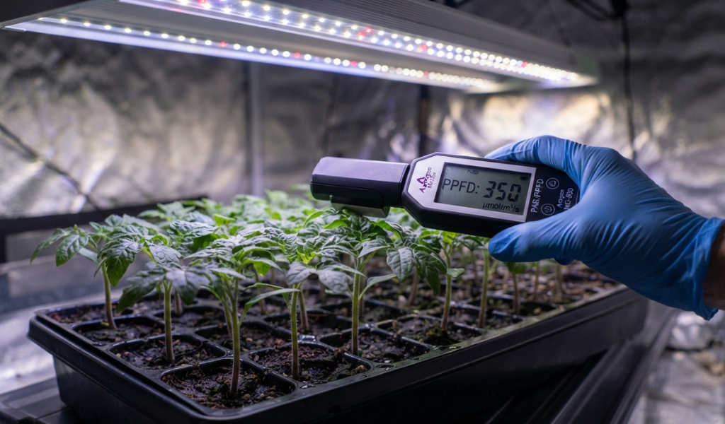 A hand holding a digital PPFD light meter measuring the photosynthetic photon flux density at the leaf surface of a tray of tomato seedlings under an LED grow light.