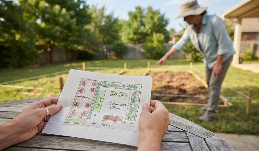 A person’s hands holding a hand-drawn garden layout plan on graph paper with the early stages of a backyard garden build in the background.