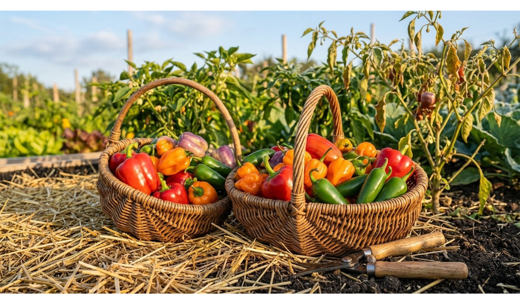 A rustic, woven wicker basket sitting in a garden bed on straw mulch, overflowing with a bountiful harvest of glossy red, orange, and green peppers, with garden shears resting nearby under warm, late afternoon sunlight.
