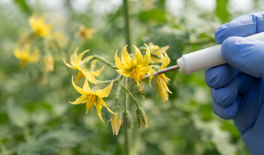 Close-up of a hand using a vibrating pollination wand on a cluster of yellow tomato flowers inside a greenhouse.