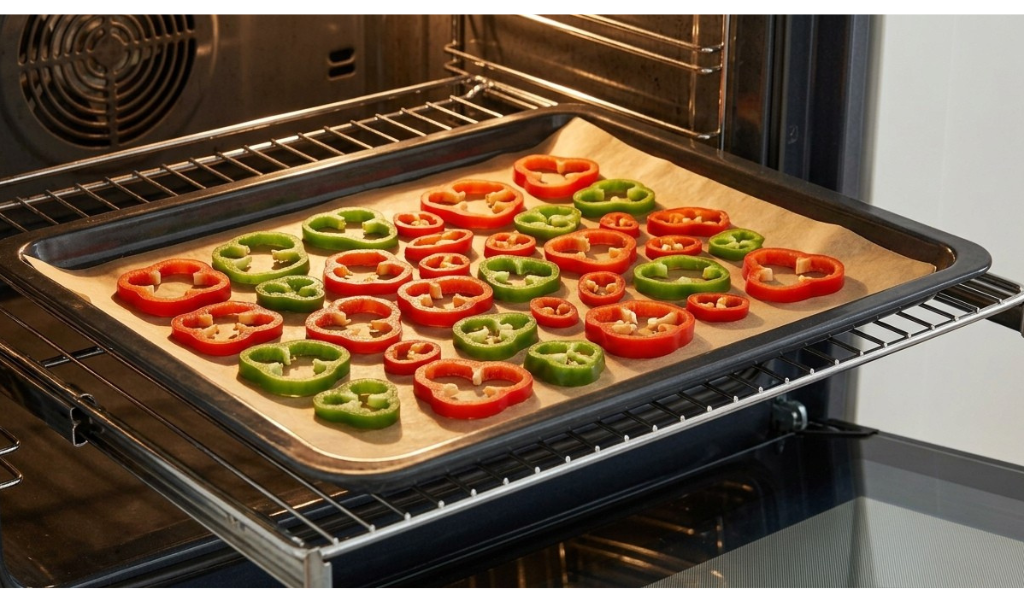 Sliced red and green peppers arranged in a single layer on parchment paper, ready for oven dehydration on a low heat setting.