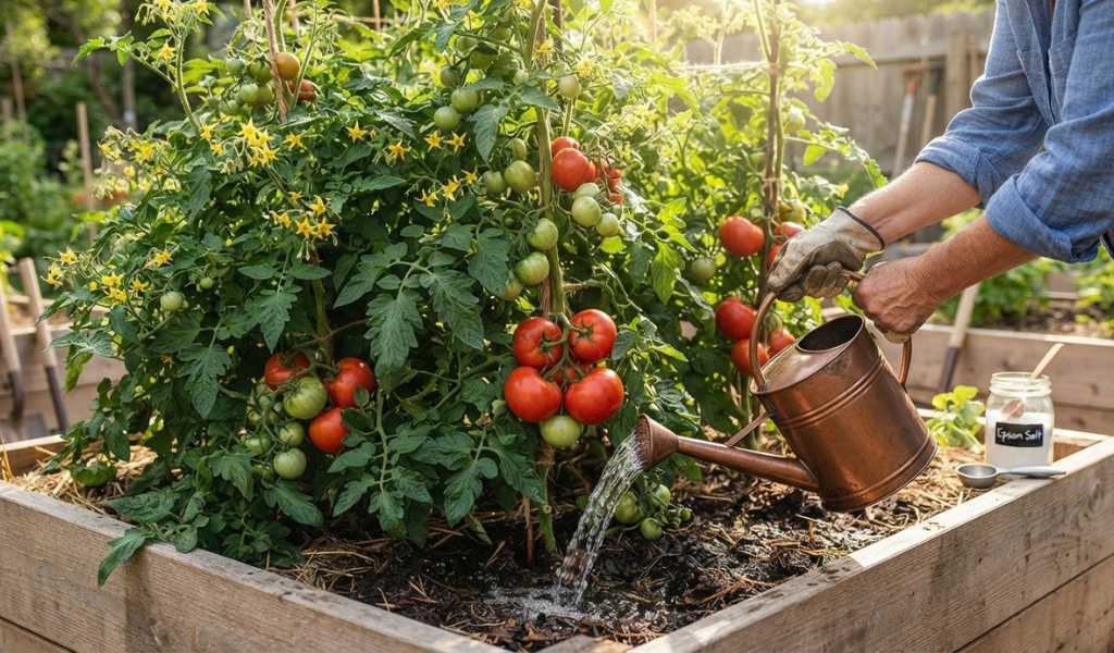 Vibrant tomato plants in a raised garden bed being watered with an Epsom salt solution for healthy growth