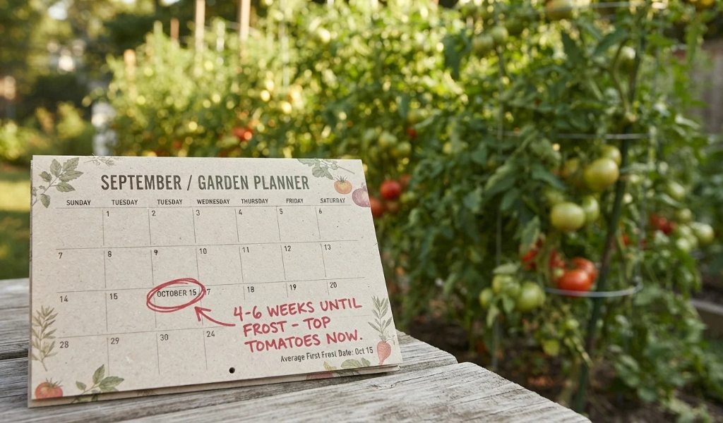 A garden calendar with the date circled indicating the four-week countdown to the first fall frost, signaling the time to top tomatoes.
