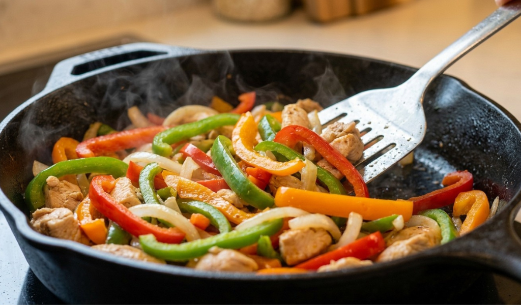 A steaming black cast-iron skillet filled with sizzling, colorful frozen pepper strips and sliced onions being stirred with a spatula, cooked immediately from frozen.