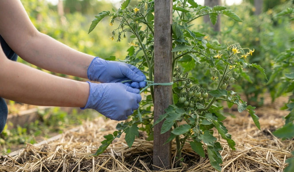 Gardener's gloved hands tying a Cherokee Purple tomato vine to a stake.