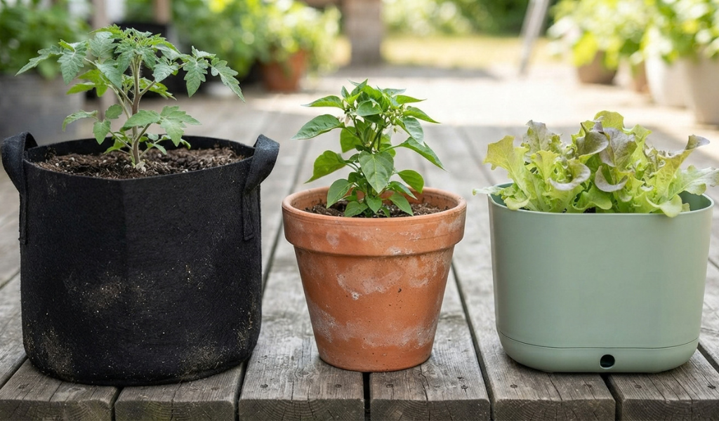 A comparison of three common container types for vegetable gardening: a fabric grow bag, a terracotta pot, and a plastic container, each holding a young plant on a wooden deck.