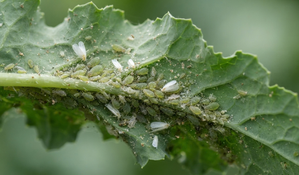A macro close-up photograph revealing a dense colony of tiny green aphids and whitefly nymphs clustering on the underside of a damaged kale leaf.