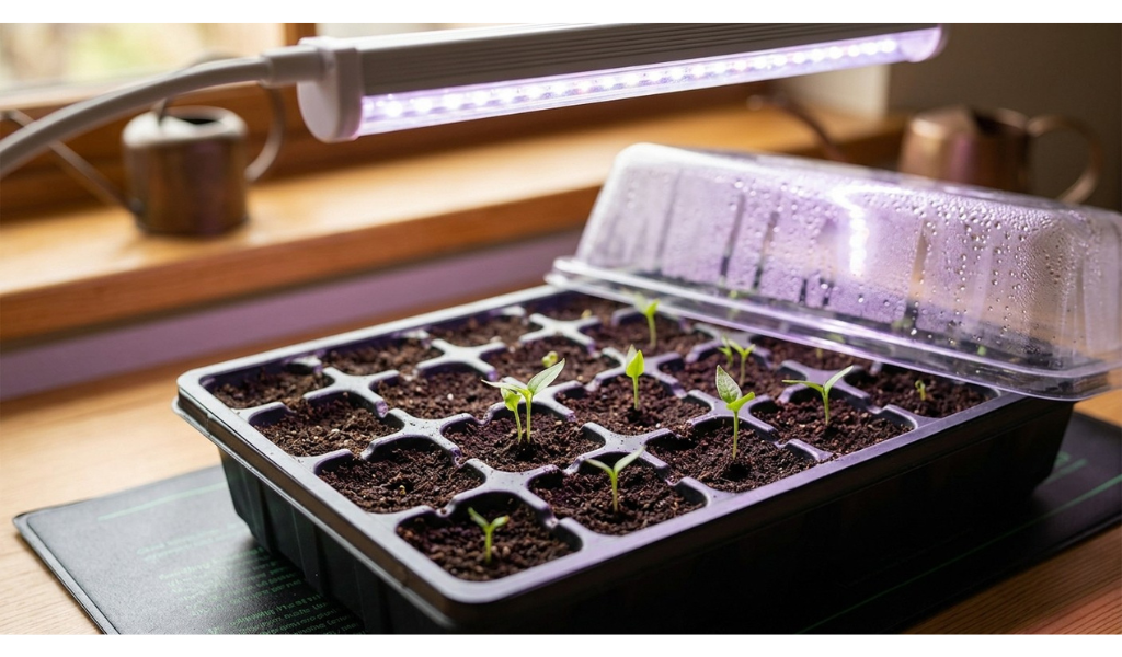 A detailed indoor shot focusing on a seedling tray where tiny pepper seeds are sprouting in dark soil, illuminated by a modern LED grow light with a heat mat visible underneath, showing the beginning of the growth process.