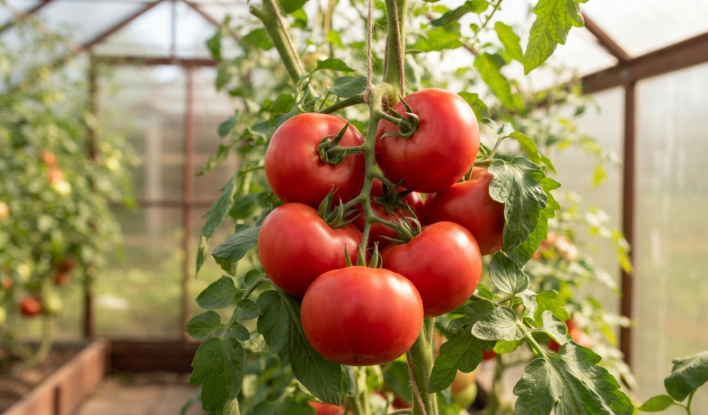 A bountiful cluster of ripe, red beefsteak tomatoes hanging heavy on the vine inside a greenhouse, ready for harvest.