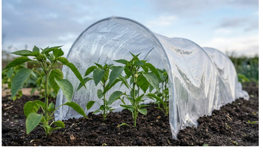 A slightly overcast early morning shot showing healthy young pepper plants in a garden bed, with one section protected by a clear plastic cloche, mists of condensation visible inside the tunnel.