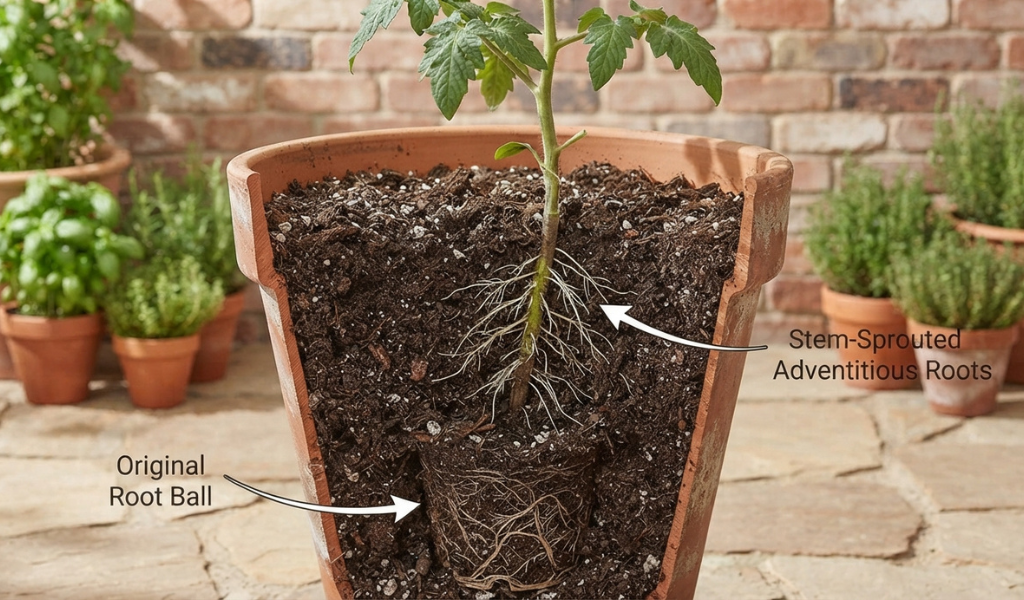 An illustration demonstrating the correct technique for planting a tomato seedling deeper, burying the stem up to the first set of leaves to encourage adventitious root growth.