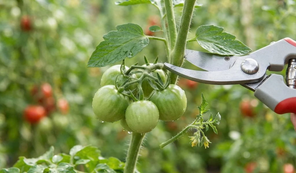 A close-up view demonstrating the precise cut on a tomato plant stem, made just above a cluster of developing green fruit.