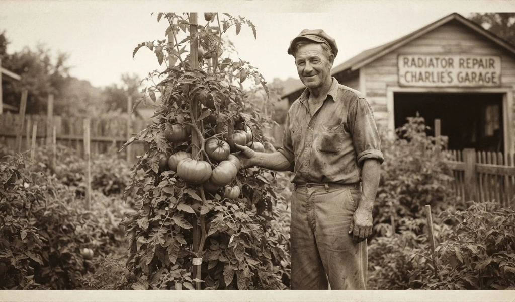 A vintage sepia photograph from the 1930s showing "Radiator Charlie" Byles proudly pointing to his large Mortgage Lifter tomato plants in his West Virginia garden.