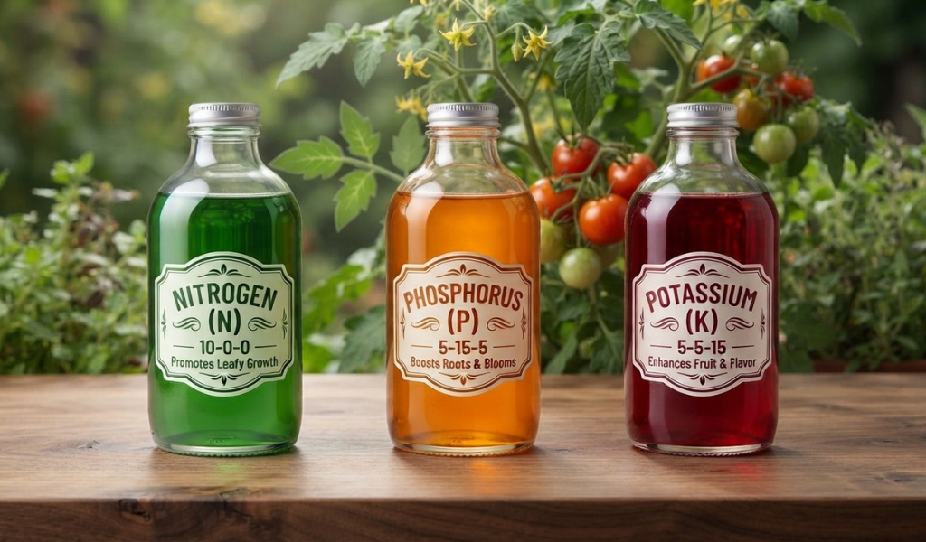 An educational graphic showing three distinct bottles of liquid fertilizer labeled with different N-P-K ratios (10-0-0, 5-15-5, 5-5-15) highlighting their specific roles in Nitrogen, Phosphorus, and Potassium for tomato plants.