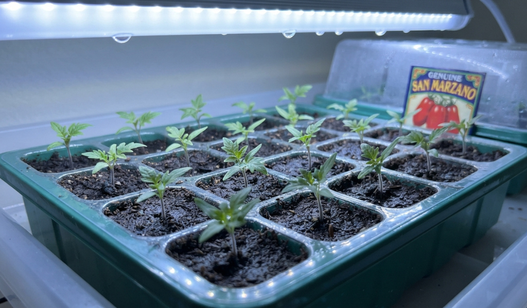 Indoor San Marzano tomato seedlings in a seed starting tray, showing early growth under a bright grow light in specialized mix.