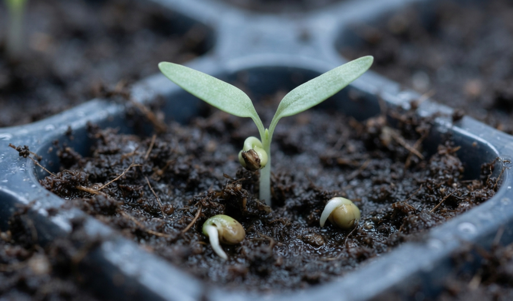 A macro shot of a tiny tomato seed sprouting in moist soil, showing the emerging pale green shoot and two cotyledon leaves.