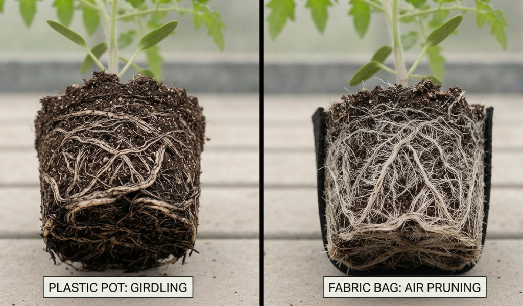 A close-up view showing the air-pruning mechanism of a tomato plant's roots inside a breathable fabric grow bag, resulting in a dense, fibrous root structure