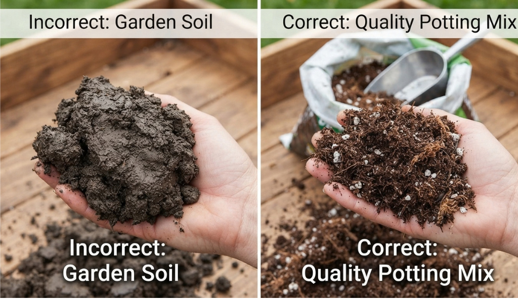 Visual comparison of heavy, dense garden soil versus light, airy, professional potting mix for containers on a potting bench.