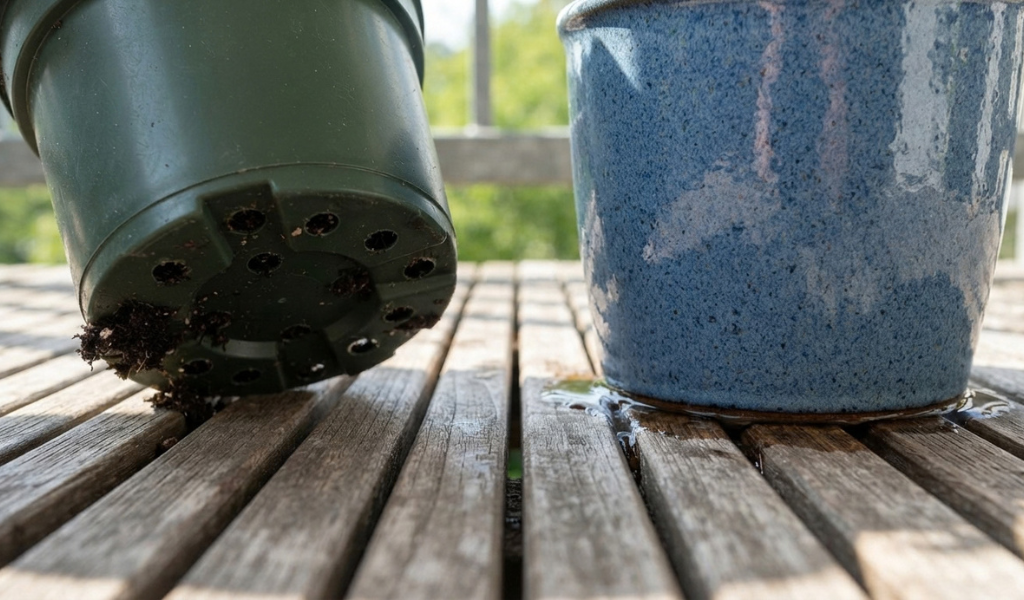 Close-up view of the bottom of two containers; one plastic pot clearly shows multiple drainage holes, while a ceramic pot sits flat with pooled water, demonstrating the importance of drainage.
