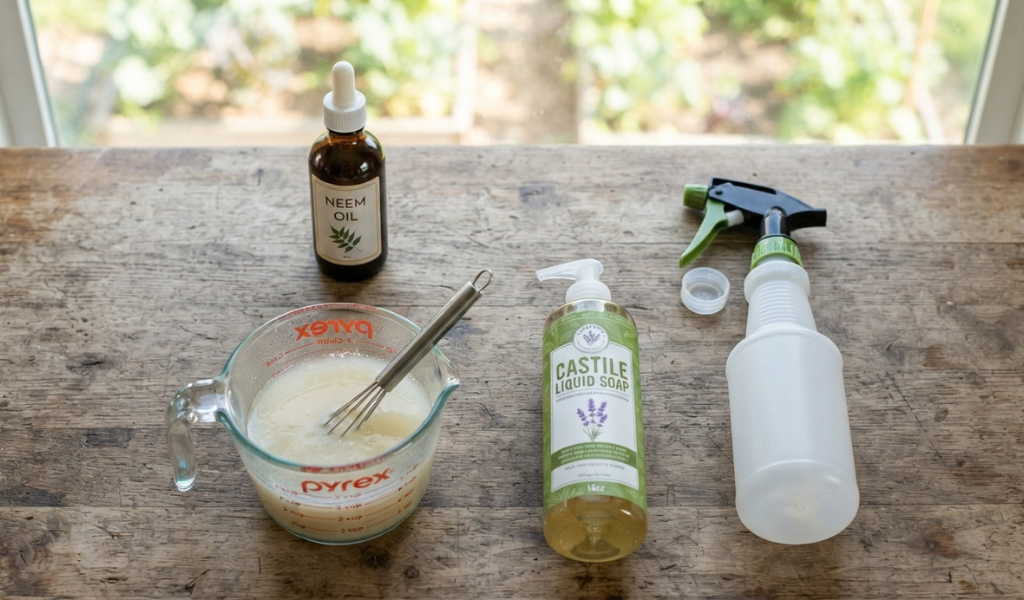 A flat-lay view of DIY ingredients for an organic garden spray: a bottle of neem oil, castile soap, a measuring cup, and a clean spray bottle on a wooden counter.
