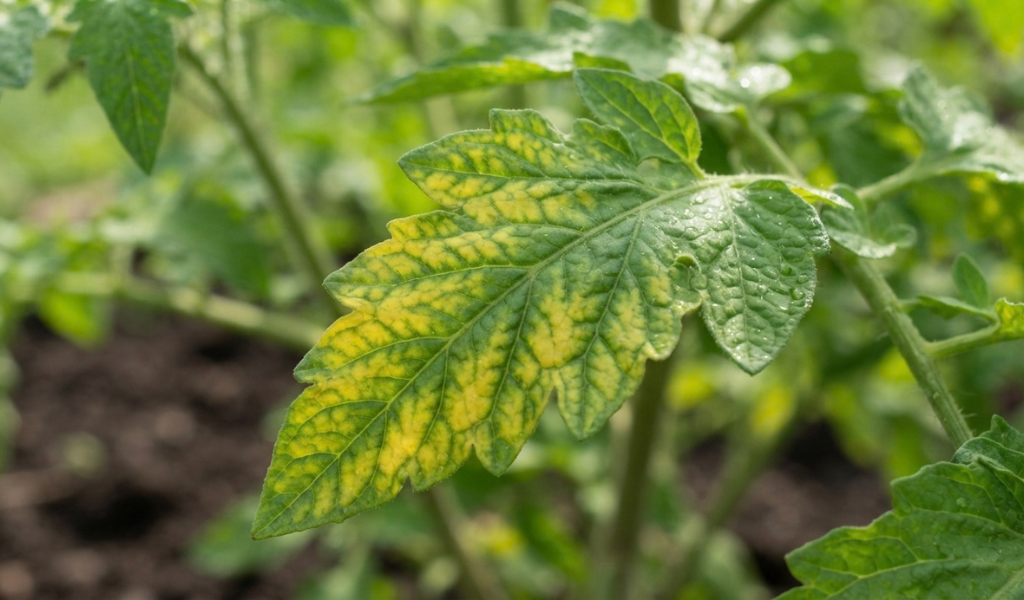 Tomato plant leaf displaying classic yellowing leaves with green veins indicating a magnesium deficiency