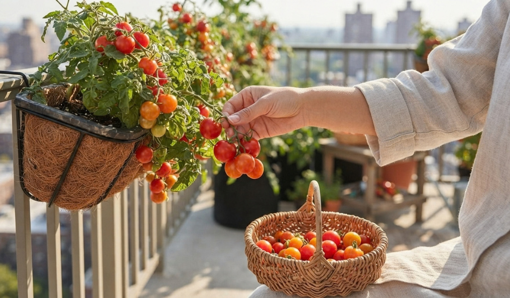 Close-up of a hand harvesting ripe red cherry tomatoes from a hanging basket on a sunny balcony, with a small wicker basket full of tomatoes nearby.