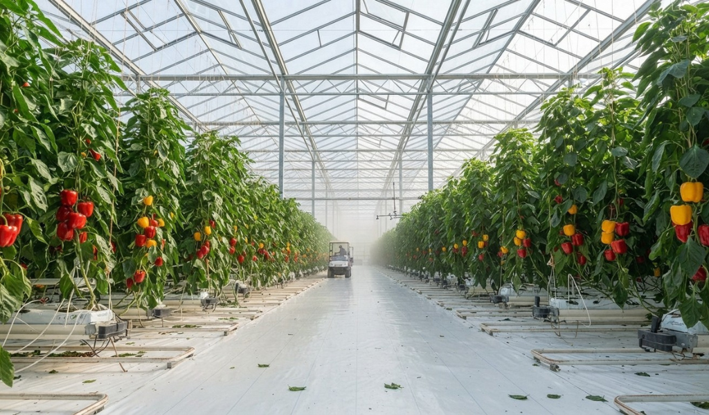 Inside a high-tech greenhouse showing tall, trellised pepper plants, overhead ventilation systems, and white ground cover demonstrating precise environmental control.