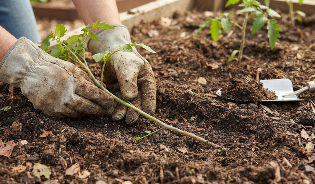 The technique of trench planting a hardened-off San Marzano tomato seedling, burying two-thirds of the stem sideways to encourage root growth.