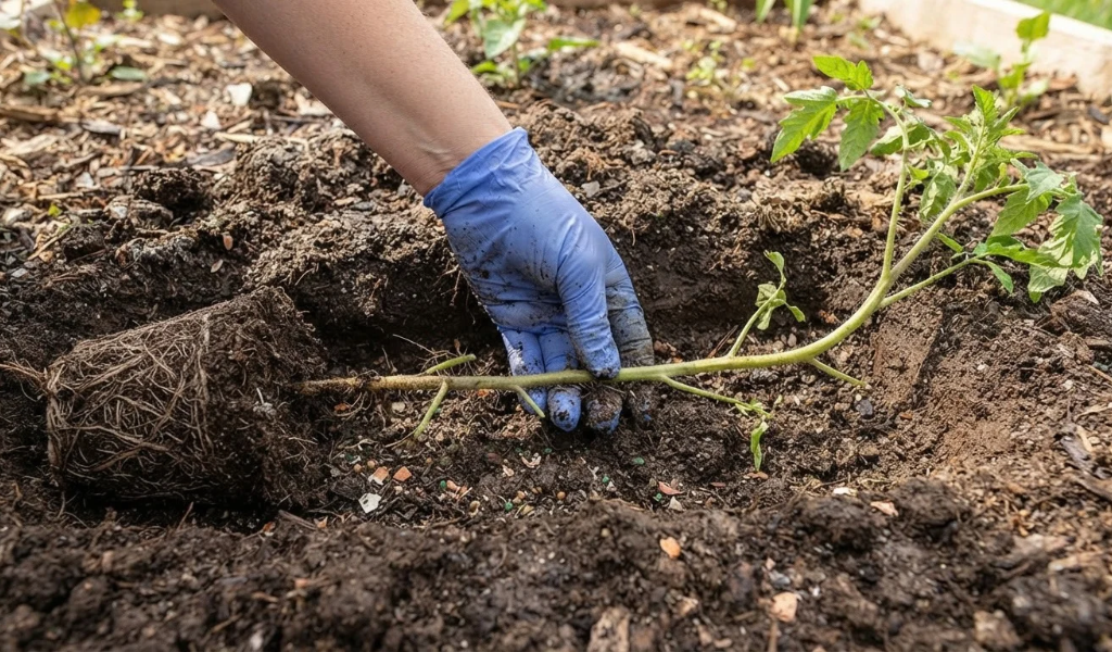A long, leggy tomato seedling laid horizontally in a shallow garden trench, with most of its stem buried in rich, dark soil and only the leafy top emerging to curve upward towards the sun.