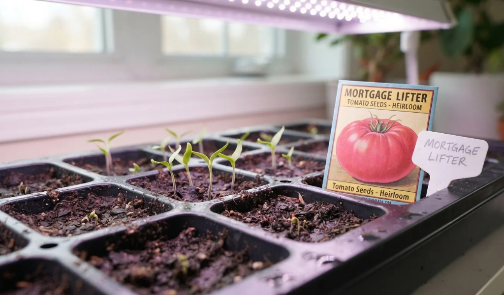 A close-up view of young Mortgage Lifter tomato seedlings sprouting in a seed starting tray indoors under a grow light, with a seed packet visible.