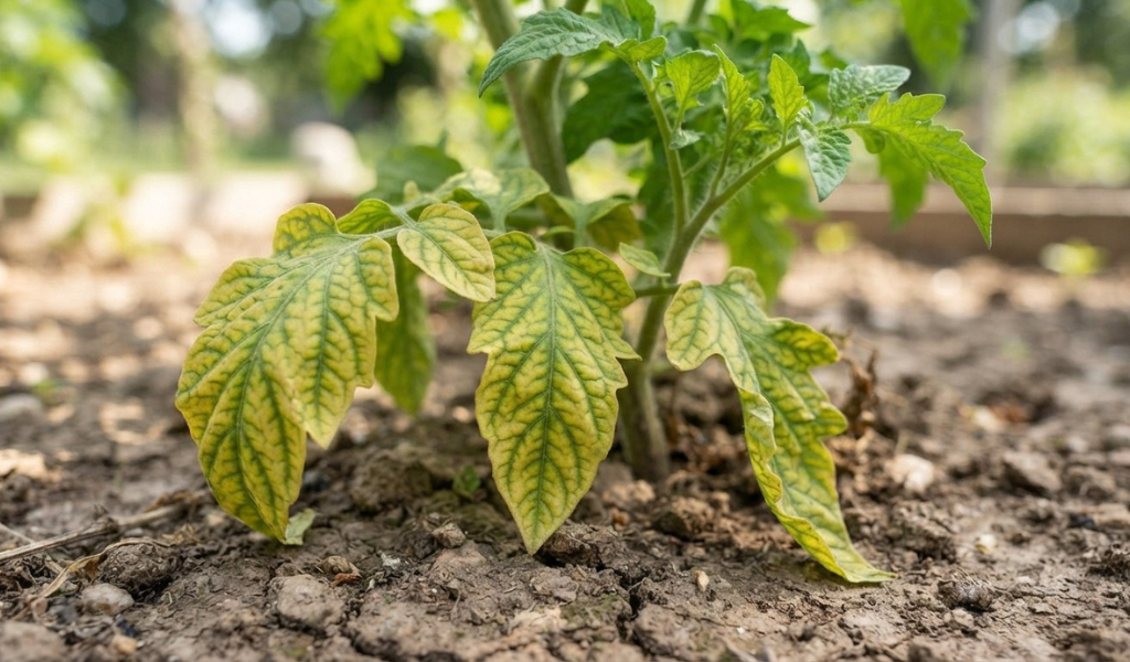 A close-up of the lower leaves of a tomato plant showing severe yellowing (chlorosis) between the green veins, indicating a nutrient deficiency that requires fertilizer.