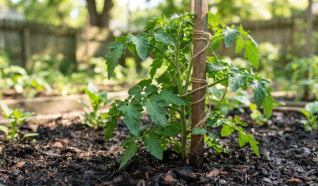 A healthy, leafy young tomato plant thriving in a garden bed, showing vigorous vegetative growth with thick stems and lush green foliage, supported by a stake.