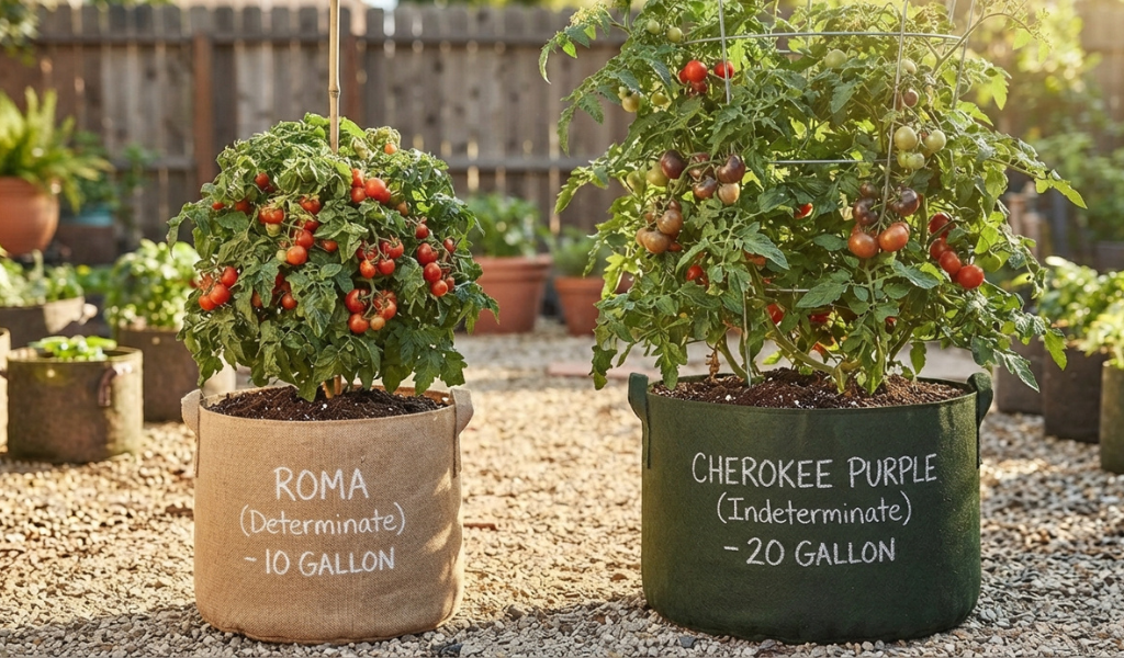 A visual comparison of two tomato plants: a compact determinate Roma in a 10-gallon bag (left) and a tall indeterminate Cherokee Purple in a 20-gallon bag (right).
