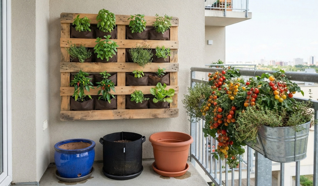 Space-saving vertical patio garden using a mounted wooden pallet planter and a window box on a railing, filled with herbs and compact tomatoes.