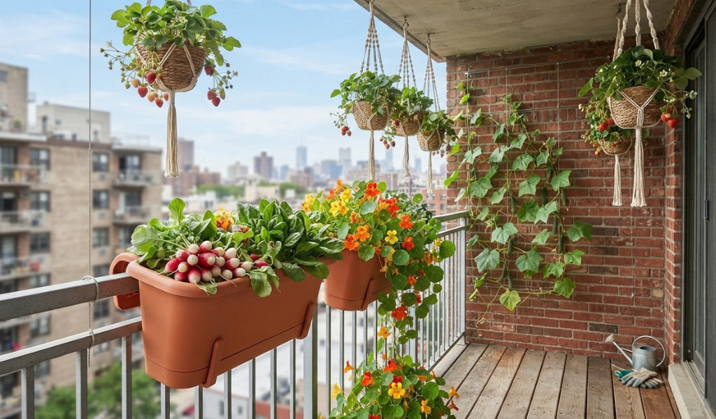 An urban balcony utilizing vertical gardening: railing planters filled with vegetables, a cucumber trellis on the wall, and hanging baskets, demonstrating high-yield small-space growing.