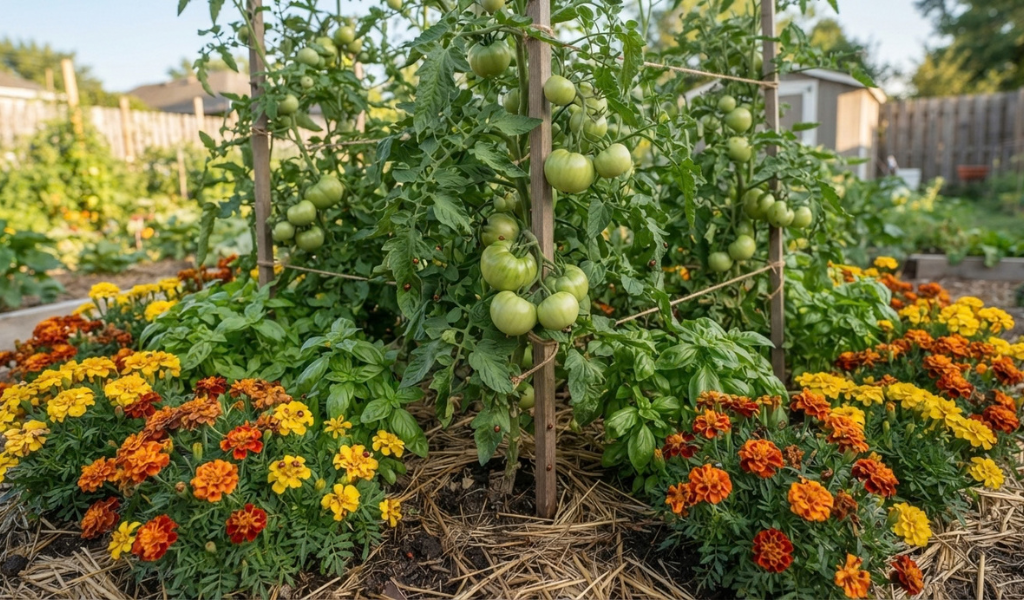 A thriving garden bed showing companion planting: bright orange marigolds and green basil growing densely around the base of staked heirloom tomato plants, creating a biodiverse ecosystem.