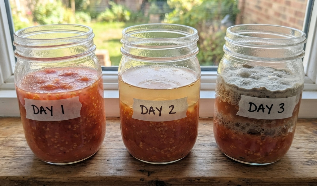 Three glass jars on a windowsill showing tomato seed fermentation: Day 1 (fresh mix), Day 2 (cloudy), and Day 3-4 (covered in a thick layer of mold).