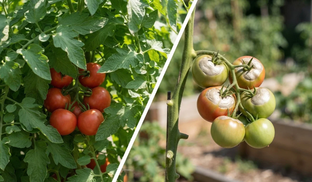 A comparison image showing a tomato cluster protected by adequate foliage versus one exposed to sunscald due to over-pruning.