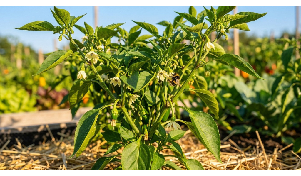 A vibrant close-up shot of a mature pepper plant in a raised garden bed during summer, showing numerous white flowers open and small green peppers beginning to form, with a bumblebee pollinating a bloom.