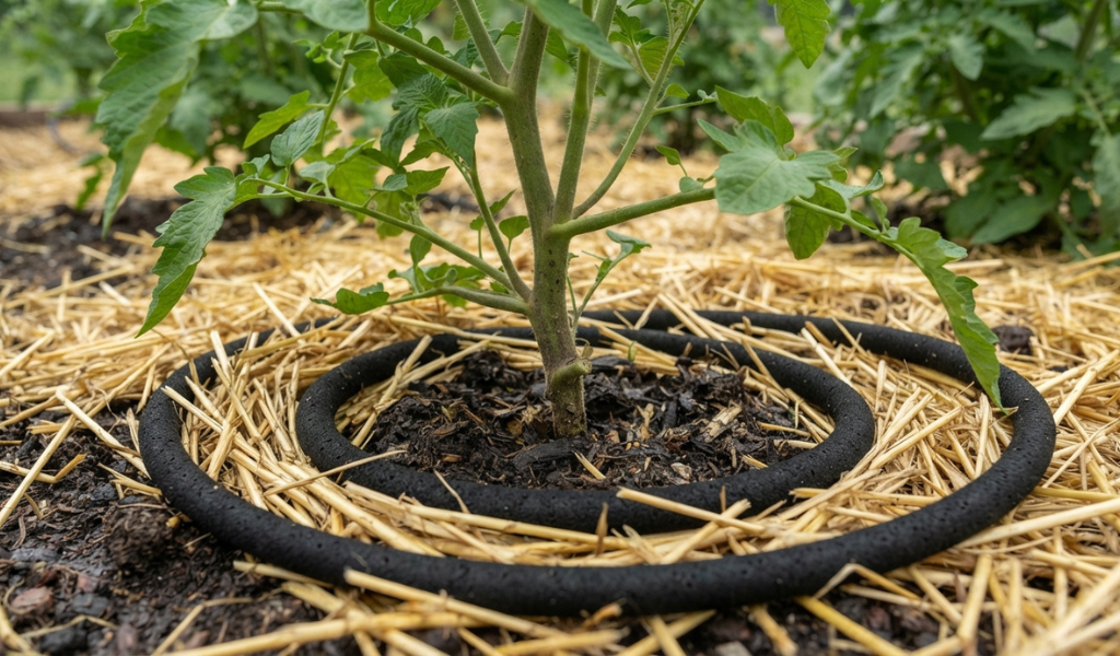 A close-up photograph of the base of a garden-grown Better Bush tomato plant showing moist soil and a thick layer of straw mulch, with a drip irrigation hose visible.