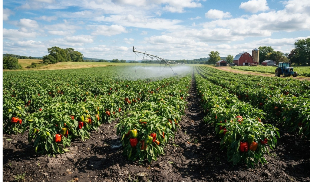 A wide landscape shot of a large open field where rows of pepper plants are growing in soil under natural sunlight, with farm equipment visible in the distance.Caption: Field-grown peppers rely on natural sunlight, rainfall, and soil, maturing according to the seasonal rhythms of the local climate.