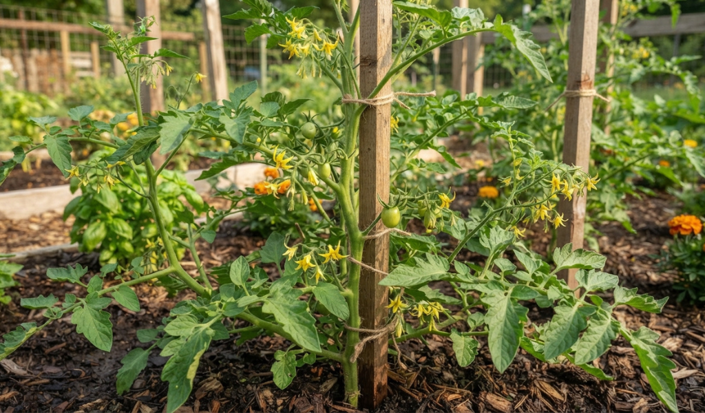A tall, staked San Marzano tomato plant, heavily pruned with strong suckers removed, showcasing lush leaves, yellow flower clusters, and early fruit set.