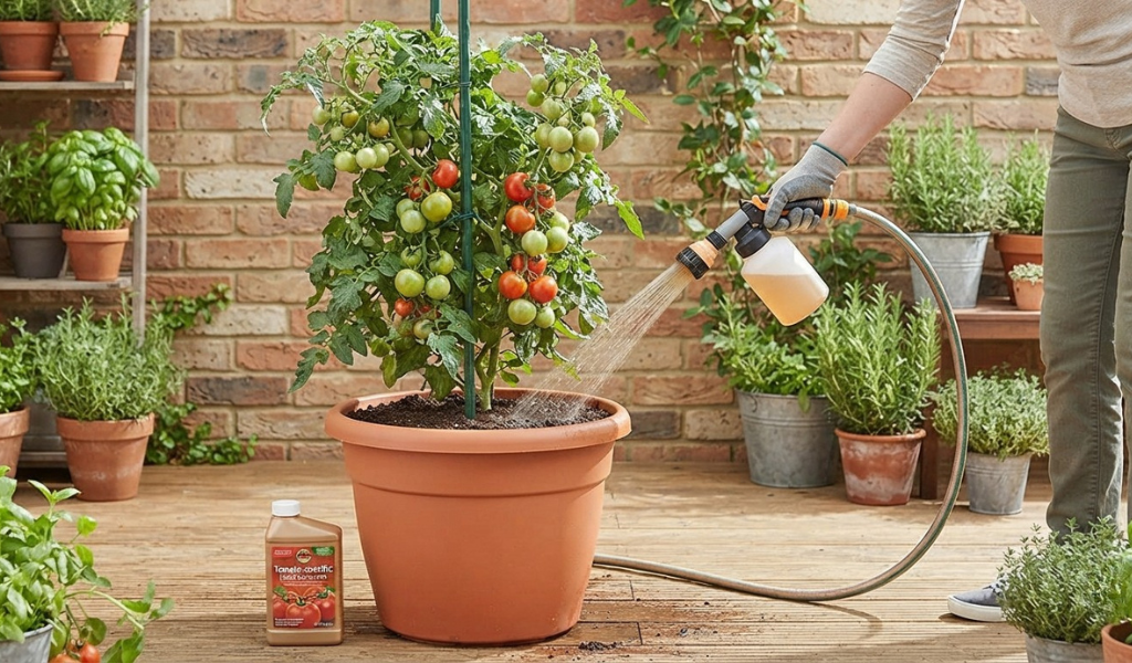 A gardener using a hose-end sprayer to apply liquid fertilizer to a healthy, staked tomato plant growing in a large terracotta container on a sunny patio.