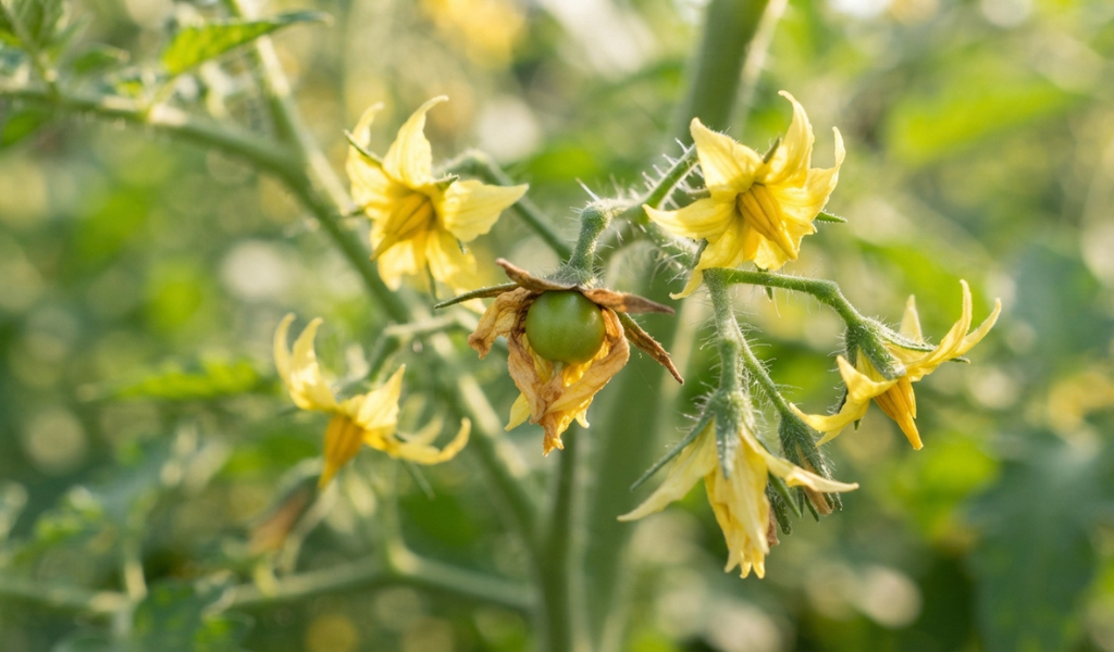 A close-up view of a tomato plant cluster showing multiple yellow blossoms and one small, newly formed green fruit developing where a flower was pollinated.