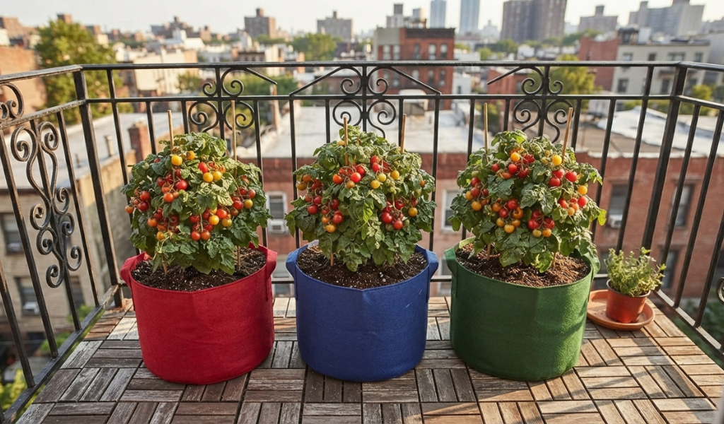 A thriving urban balcony garden featuring a row of three 5-gallon fabric grow bags, each holding a compact, productive dwarf cherry tomato plant.