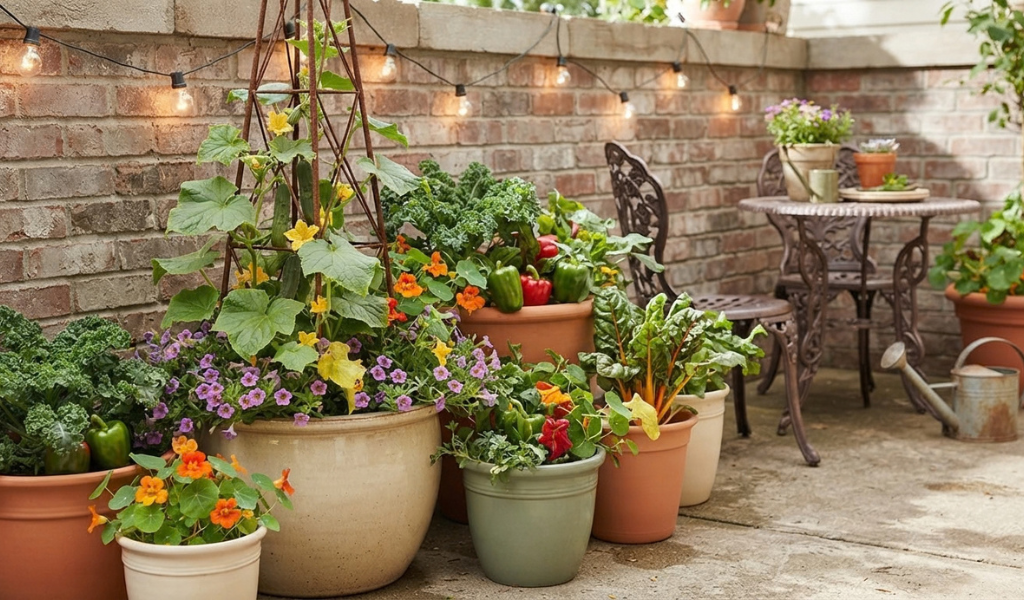 An aesthetically pleasing and productive patio garden design mixing vegetables, edible flowers, and decorative pots, with string lights and a bistro set in the background.