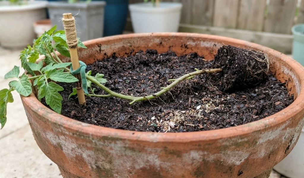A long tomato seedling trench-planted sideways in a large terracotta patio pot, with its stem buried just beneath the soil surface and the top tied to a stake.