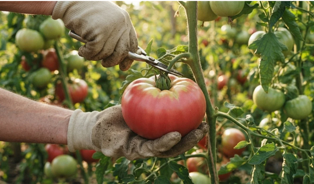 A gardener's hand using shears to harvest a large, ripe, pinkish-red heirloom Mortgage Lifter tomato from a leafy, sunlit vine.