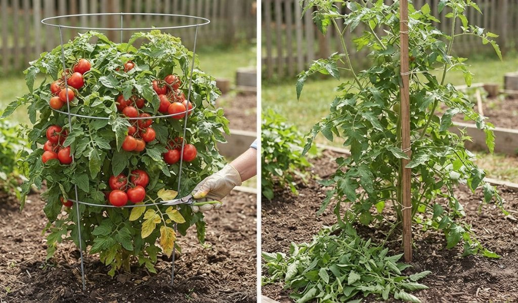 A photograph comparing a healthy, properly pruned determinate Better Bush plant in a cage next to an unpruned indeterminate variety, showing the difference in growth habit.