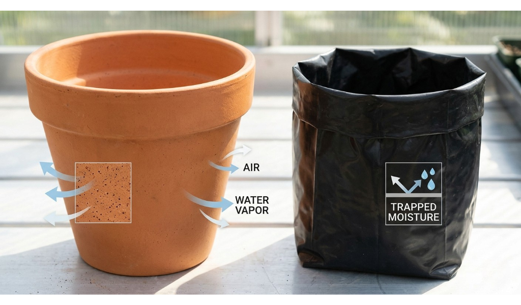 A featured image showing two thriving chili plants, one in a porous terracotta clay pot and one in a breathable fabric grow bag, both laden with red and green peppers, symbolizing the choice between containers in a sunny garden setting.